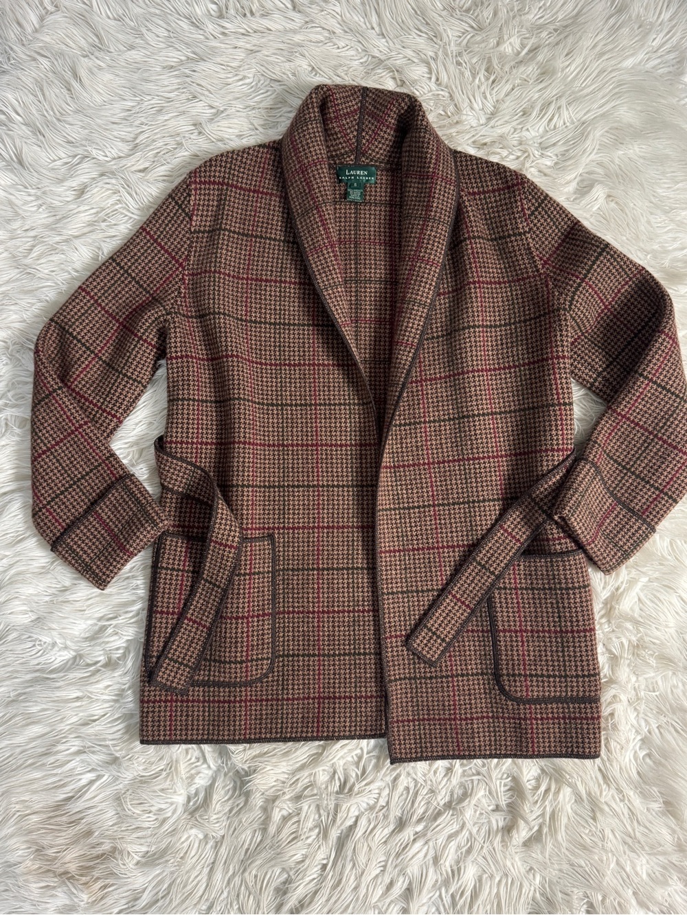 Lauren Ralph Lauren Vintage Brown Plaid Shawl-Collar Wrap Sweater